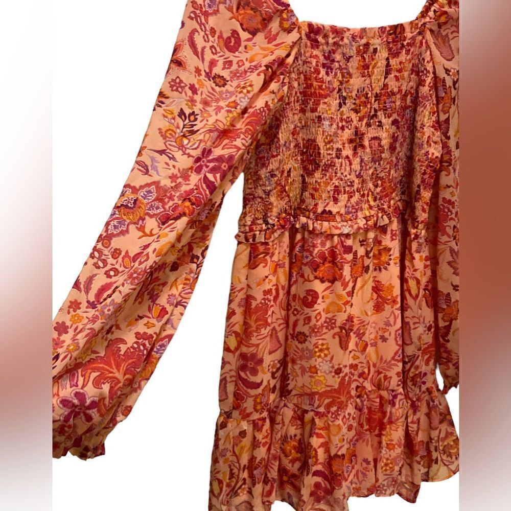 1. State Orange Floral Long Sleeve Dress Smocked Waist Medium NWT - Picture 8 of 12